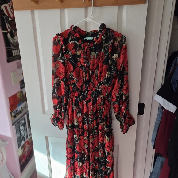 SHEIN Red and Black Floral Long Sleeve Dress - Picture 2 of 7